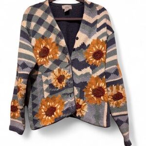 Vintage  sunflower cardigan textured plain back Size Large Cotton blend boho